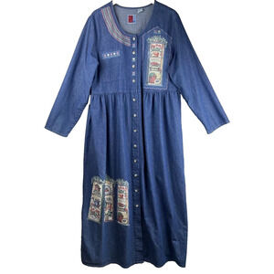 Vintage Sun Belt Denim Maxi Dress Womens Size XL Blue Apples Grandma Cottagecore